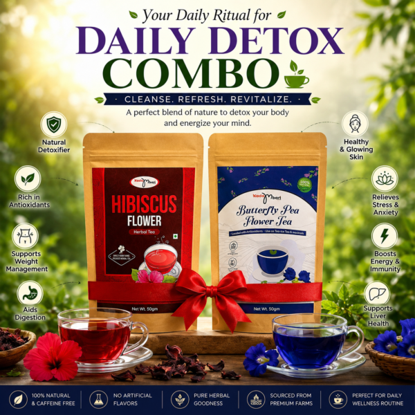 Kadambari Daily Detox Combo featuring Hibiscus Flower Tea and Butterfly Pea Flower Tea with brewed herbal teas and natural ingredients.