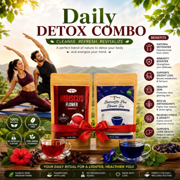Daily Detox Combo benefits infographic featuring Hibiscus Flower Tea and Butterfly Pea Flower Tea with detox and wellness benefits.