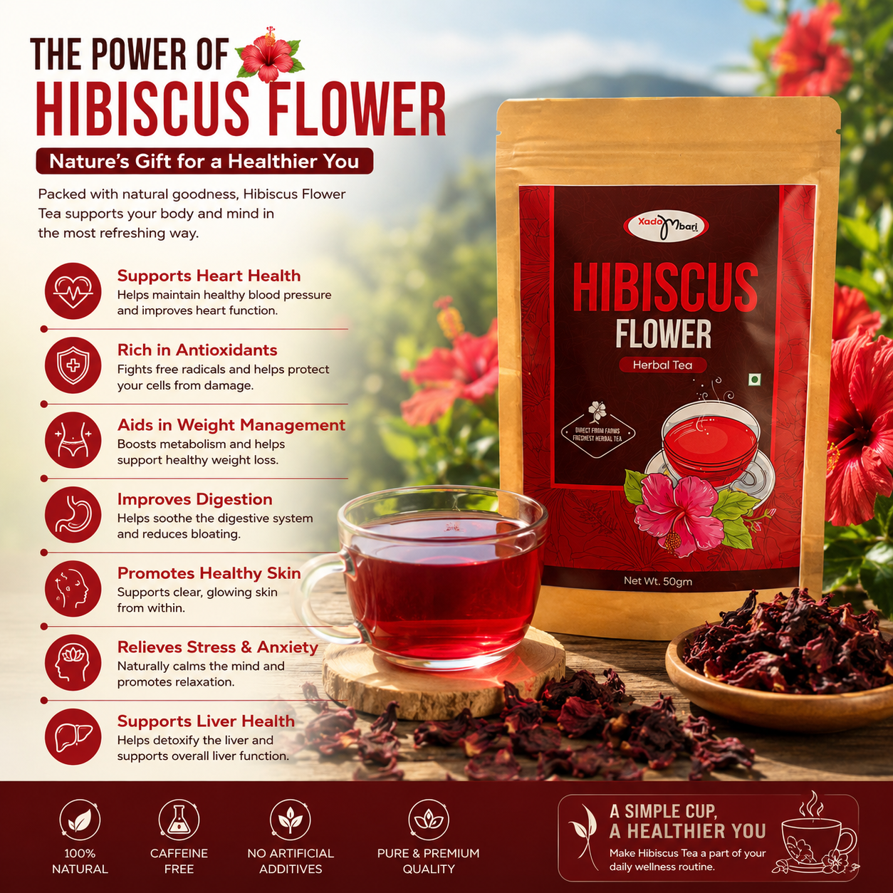 Kadambari Hibiscus Flower Herbal Tea with health benefits infographic, herbal tea cup, dried hibiscus flowers, and product packaging.