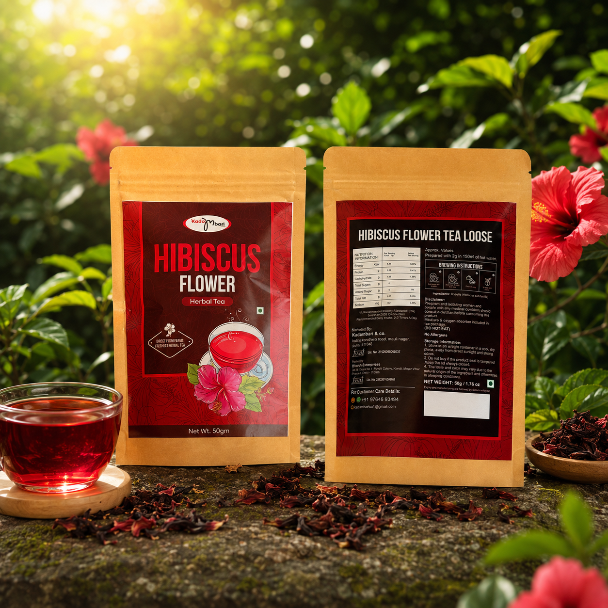 Front and back packaging of Kadambari Hibiscus Flower Herbal Tea 50gm with brewed hibiscus tea and dried hibiscus flowers.