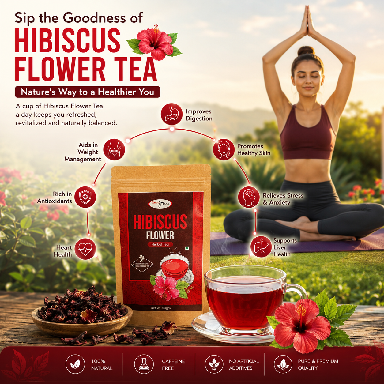 Woman practicing yoga outdoors with Kadambari Hibiscus Flower Tea, herbal tea cup, and dried hibiscus flowers.
