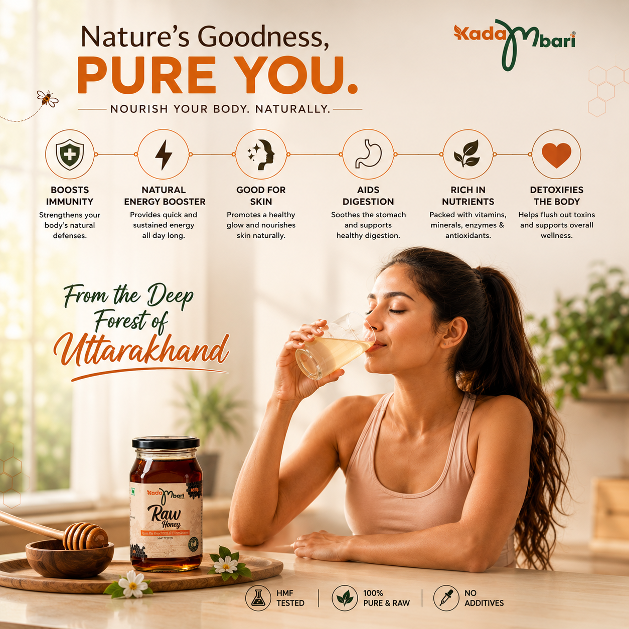 Woman Drinking Honey Water with KadaMbari Raw Forest Honey for Morning Wellness
