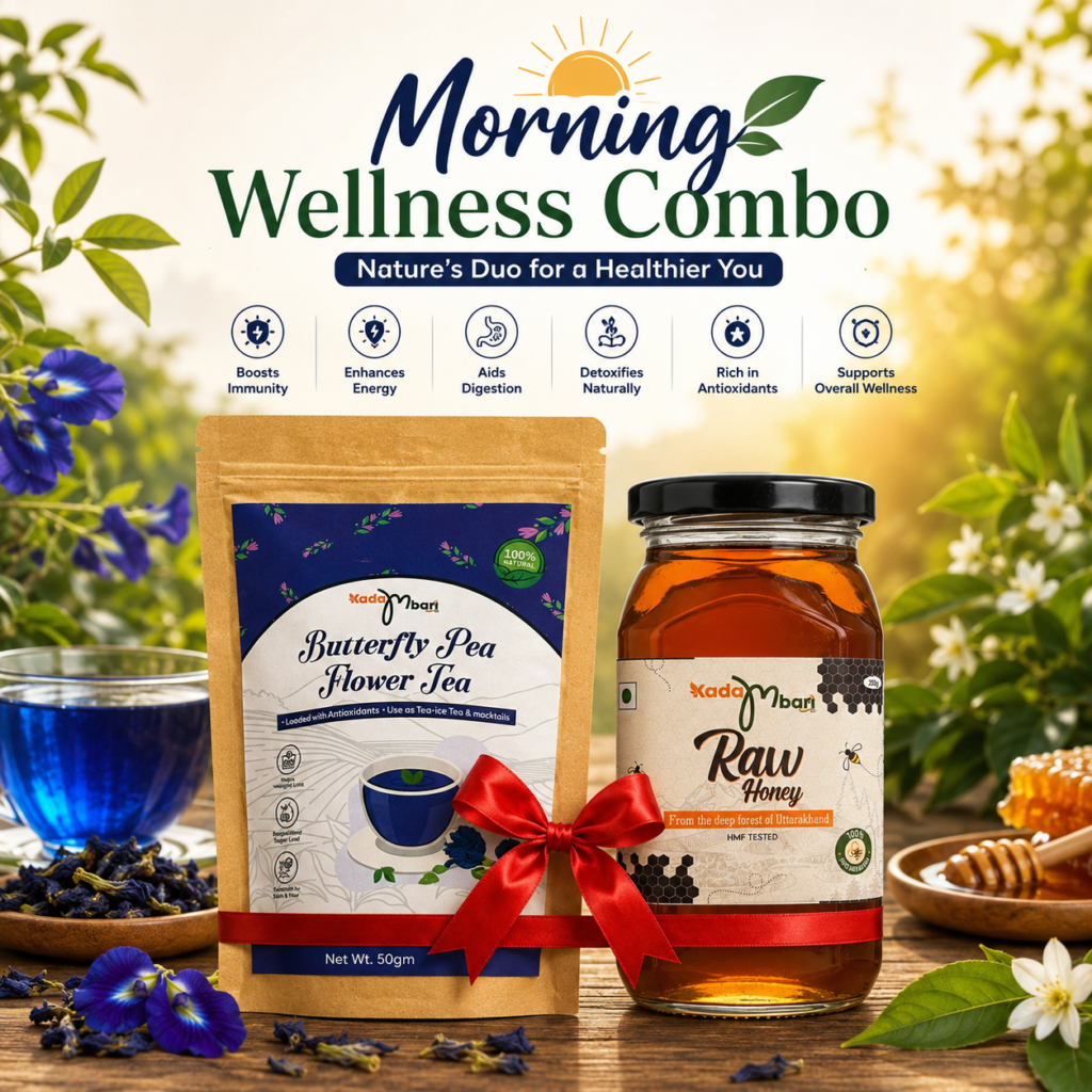 Kadambari Morning Wellness Combo featuring Butterfly Pea Flower Tea and Raw Honey with blue tea, honey dipper, and natural ingredients.