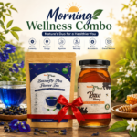 Kadambari Morning Wellness Combo featuring Butterfly Pea Flower Tea and Raw Honey with blue tea, honey dipper, and natural ingredients.