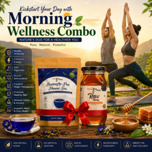 Man and woman practicing yoga outdoors with Butterfly Pea Flower Tea and Raw Honey Morning Wellness Combo.
