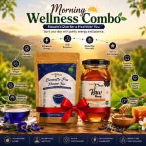 Morning Wellness Combo featuring Butterfly Pea Flower Tea and Raw Honey with wellness benefits including immunity support, digestion, antioxidants, energy, and overall health.