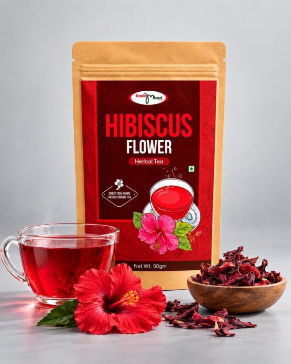 Kadambari Hibiscus Flower Tea pouch with a cup of red hibiscus tea and dried hibiscus