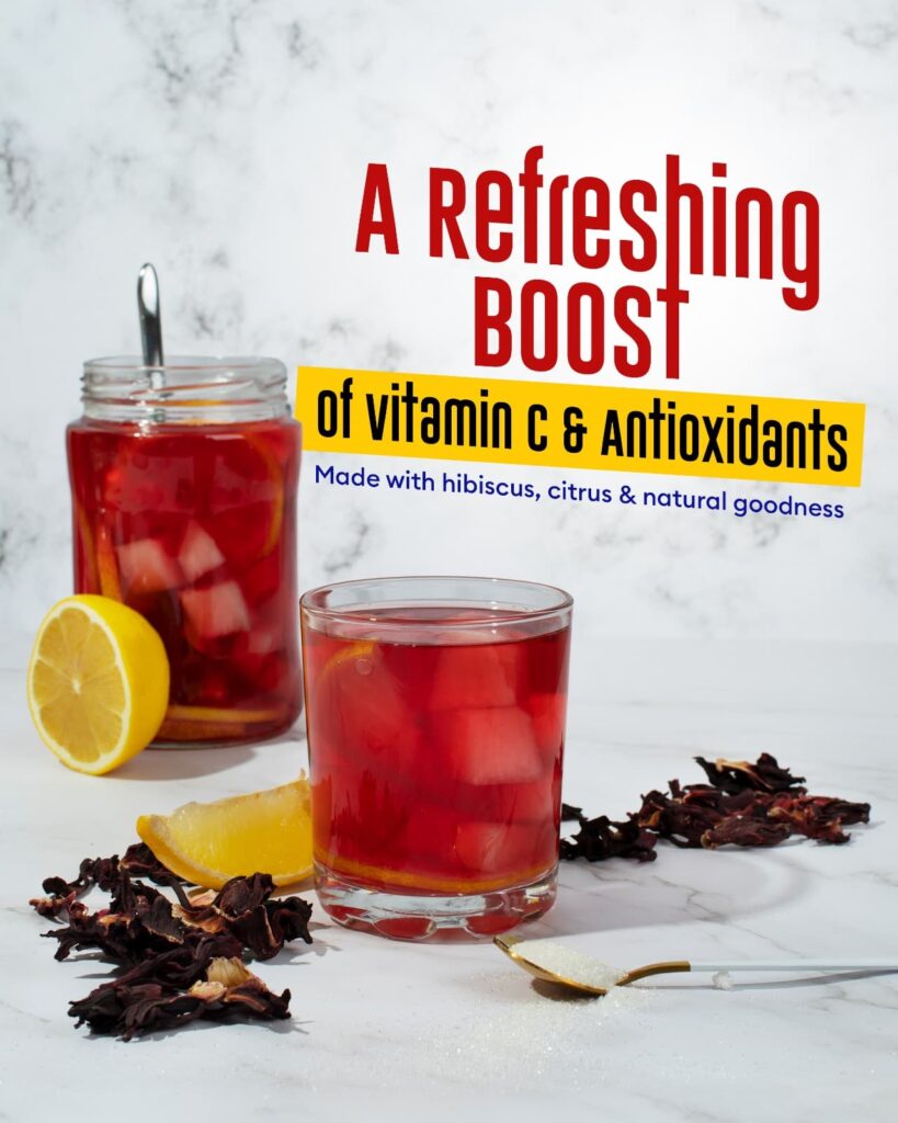 Iced hibiscus tea with lemon and dried hibiscus flowers