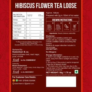 Kadambari Hibiscus Flower Tea pack label with nutrition and brewing instructions