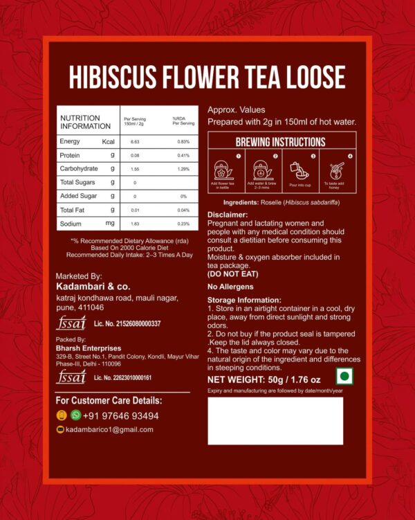 Kadambari Hibiscus Flower Tea pack label with nutrition and brewing instructions