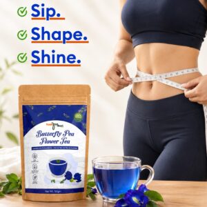 Kadambari Butterfly Pea Flower Tea pouch with a cup of blue tea