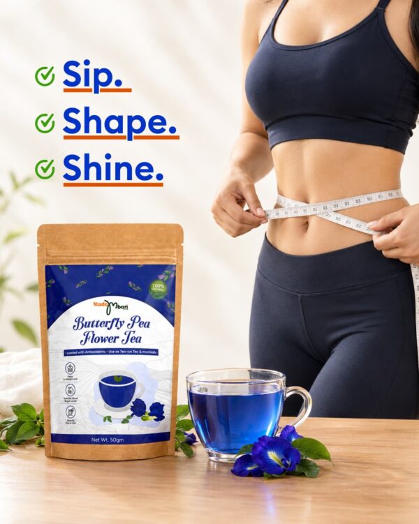 Kadambari Butterfly Pea Flower Tea pouch with a cup of blue tea
