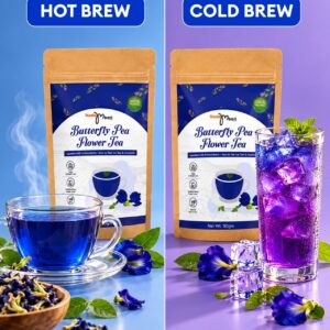 Butterfly pea flower tea served as hot brew and as iced cold brew