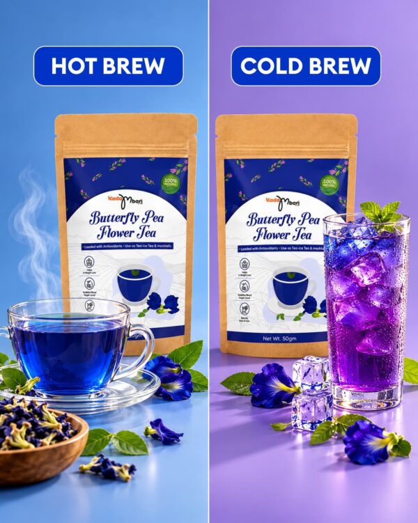 Butterfly pea flower tea served as hot brew and as iced cold brew