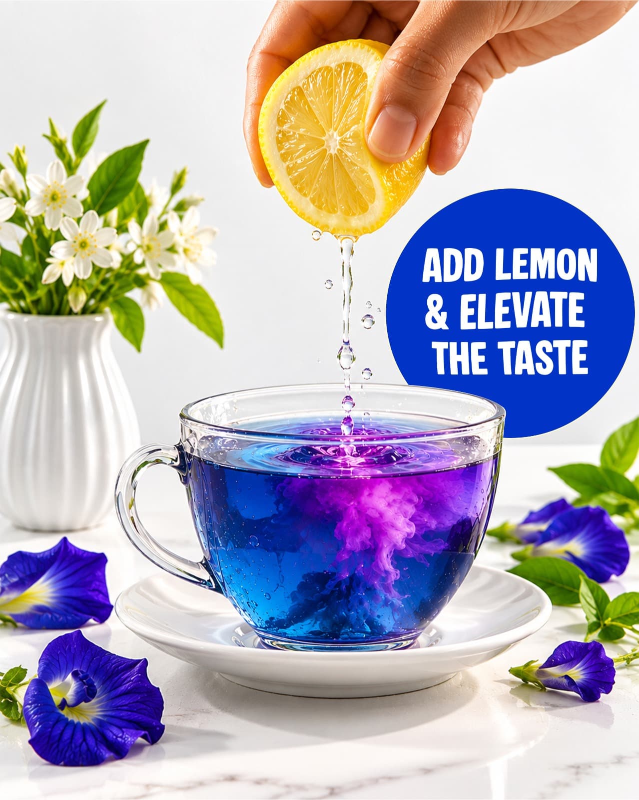 Lemon squeezed into blue butterfly pea tea, turning it purple