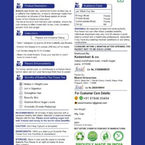Kadambari Butterfly Pea Flower Tea pack label with product details and brewing instructions