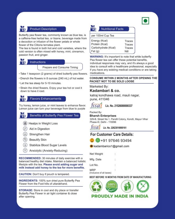 Kadambari Butterfly Pea Flower Tea pack label with product details and brewing instructions