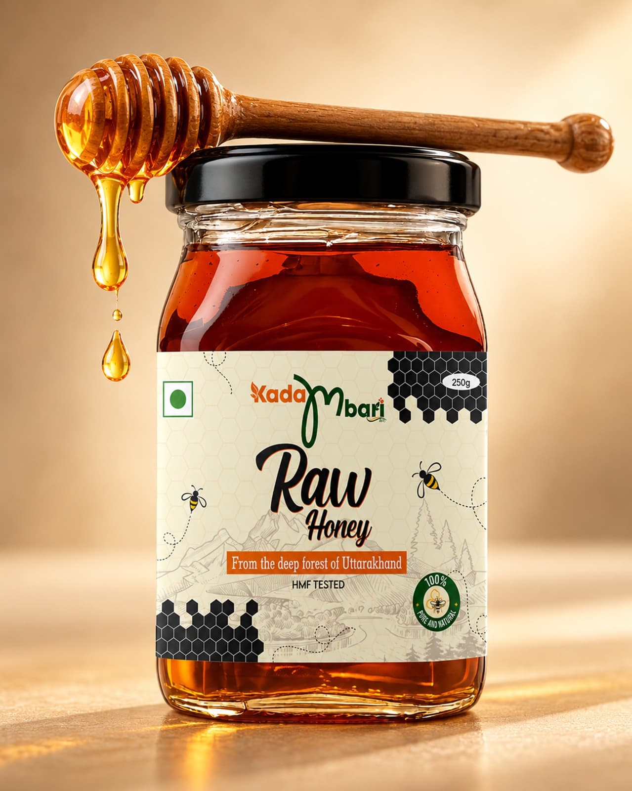 Kadambari Raw Honey jar with honey dripping from a wooden dipper