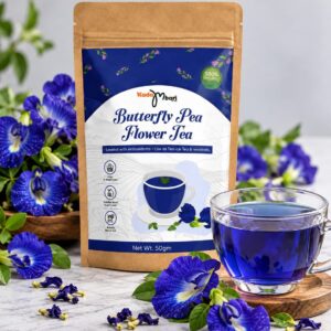 Kadambari Butterfly Pea Flower Tea 50g pouch with a cup of blue tea and dried flowers