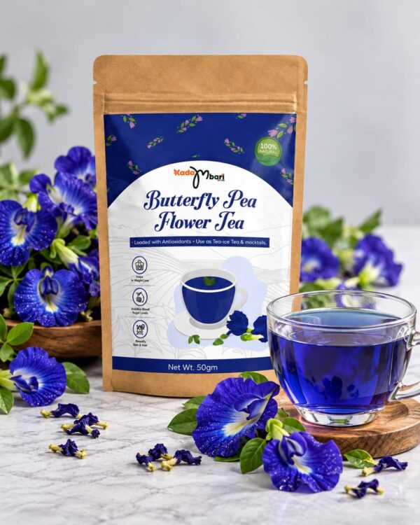 Kadambari Butterfly Pea Flower Tea 50g pouch with a cup of blue tea and dried flowers