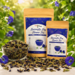 Kadambari Butterfly Pea Flower Tea combo pack featuring 25gm and 50gm pouches with dried butterfly pea flowers.