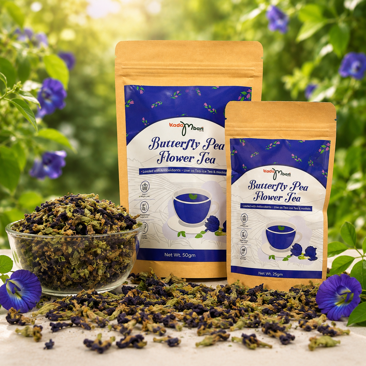 Kadambari Butterfly Pea Flower Tea combo pack featuring 25gm and 50gm pouches with dried butterfly pea flowers.