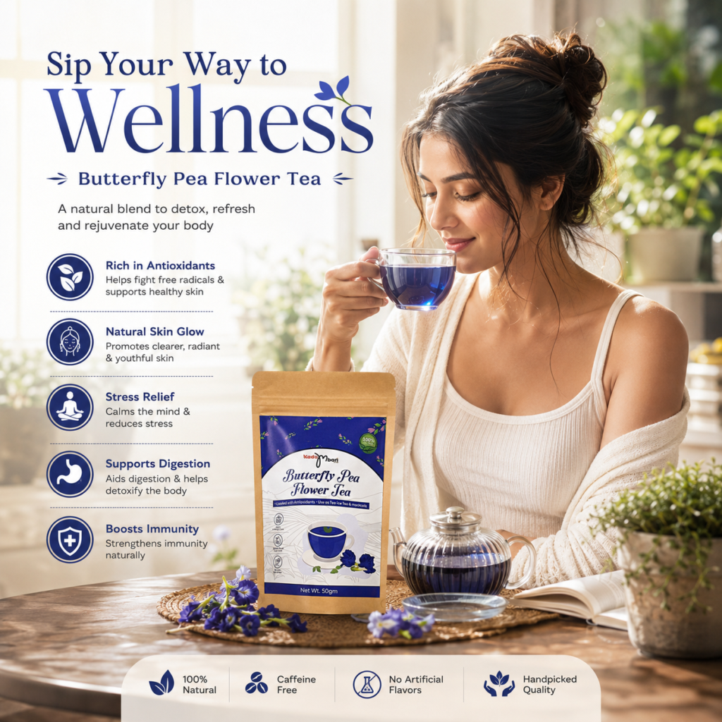 Woman enjoying a cup of butterfly pea flower tea with product packaging displayed on a wellness-themed background.
