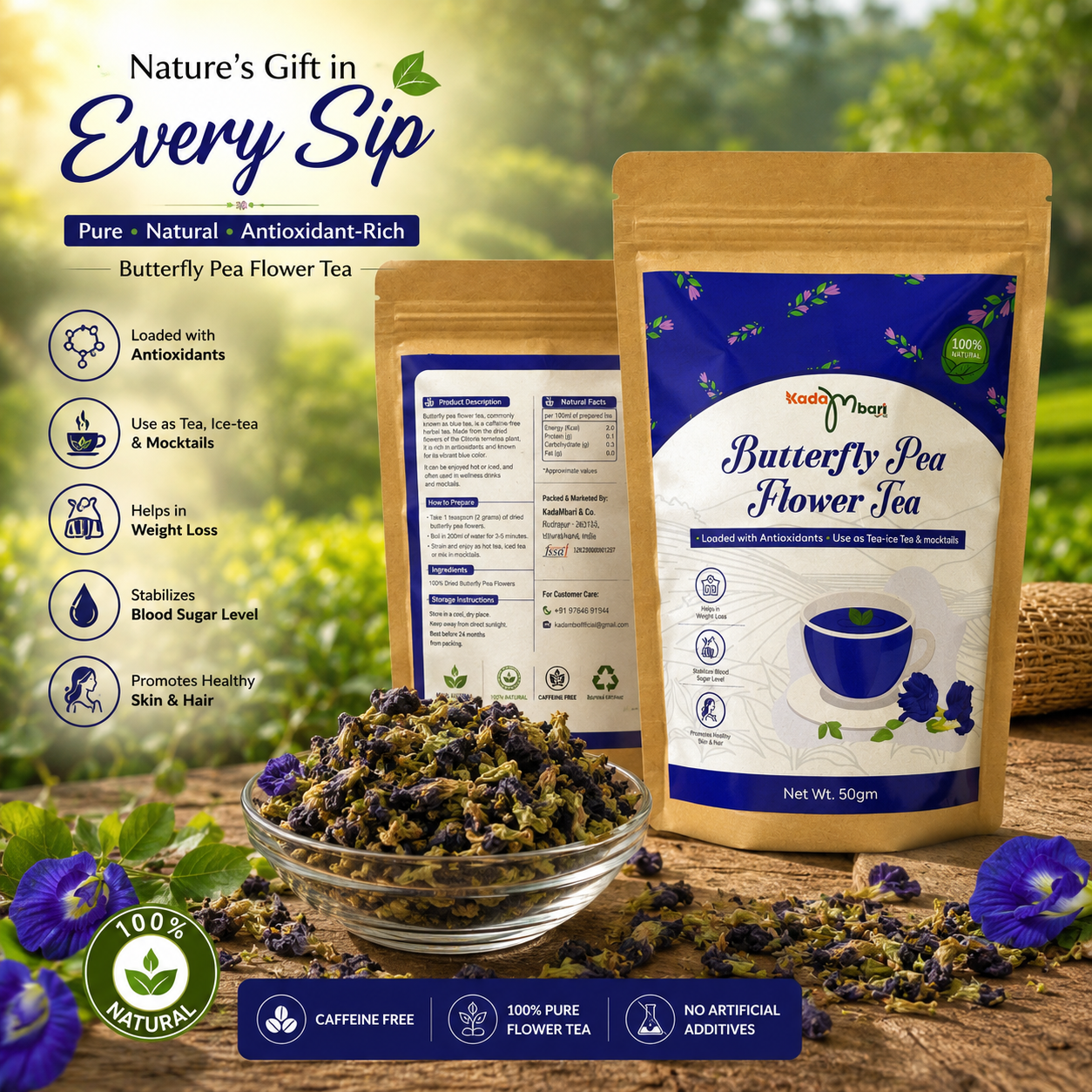 Butterfly Pea Flower Tea package with dried flowers and health benefit highlights displayed in a nature-inspired background.