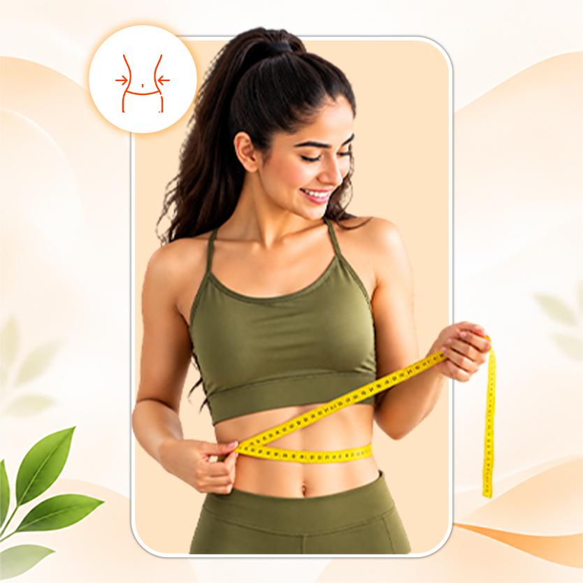 Woman measuring her waist with a tape measure