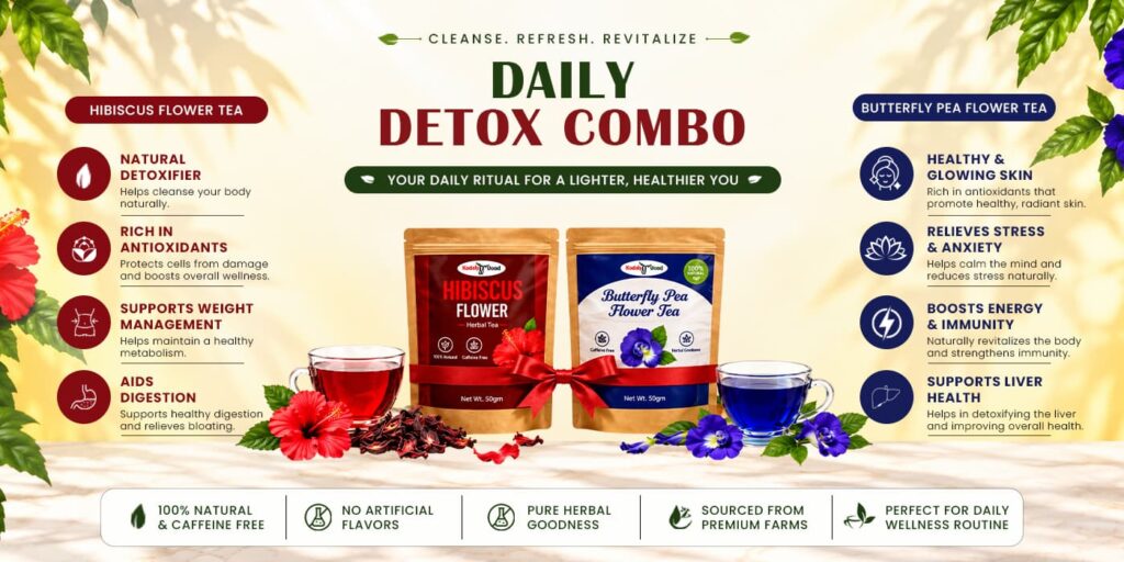 Kadambari Daily Detox Combo banner with hibiscus and butterfly pea flower tea